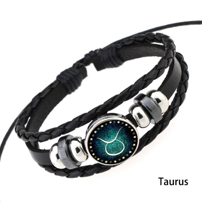 European and American Hand-knitted Beaded Retro DIY Bracelet Constellation Leather Punk Fashion Bracelet, Gemini, Taurus, Aquarius, Sagittarius, Pisces, Cancer, Aries, Scorpion, Capricorn, Virgo, Leo, Libra