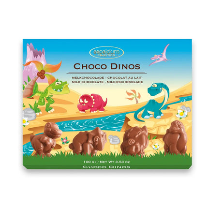 Excelcium solid milk chocolate dinosaur pieces in carton
