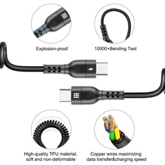 HAWEEL 1m 5A USB-C / Type-C to USB-C / Type-C Retractable Coiled PD Fast Charging Cable, 1m 5A Type-C