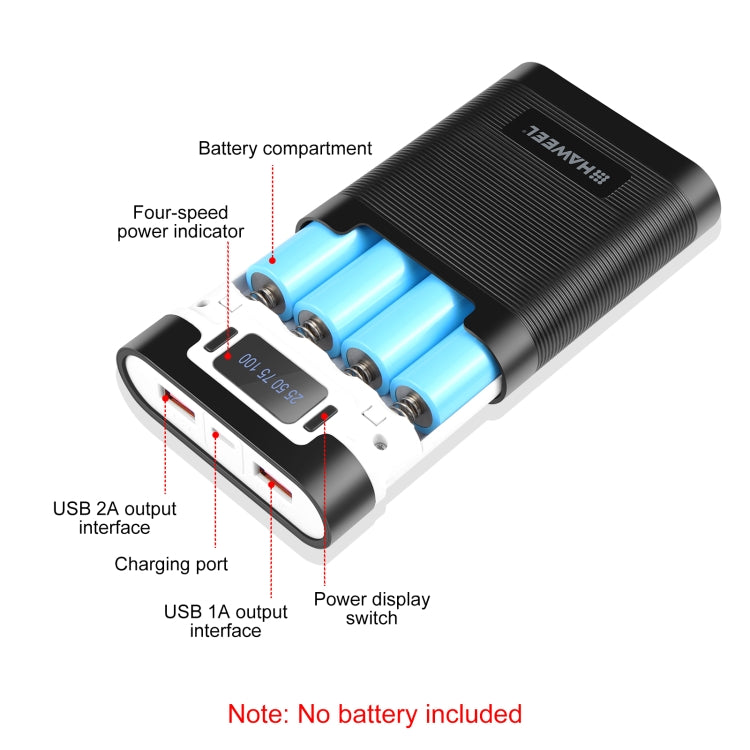 HAWEEL DIY 4x 18650 Battery (Not Included) 10000mAh Dual-way QC Charger Power Bank Shell Box with 2x USB Output & Display,  Support PD / QC / SCP / FCP / AFC / PPS / PE, DIY 4x 18650 Batteries 10000mAh QC