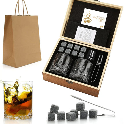 Whiskey Stones & Glasses Set, Granite Ice Cube For Whisky, Whisky Chilling Rocks In Wooden Box, Best Gift For Dad Husband Men