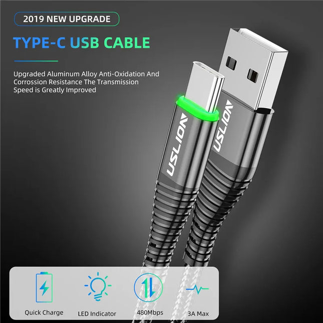 USLION 0.5m/1m/2m LED 3A USB Type C Cable Fast Charge Wire for Samsung Galaxy Xiaomi Huawei Note 7 Data USB-C Cable Charger Cord