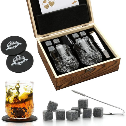 Whiskey Stones & Glasses Set, Granite Ice Cube For Whisky, Whisky Chilling Rocks In Wooden Box, Best Gift For Dad Husband Men