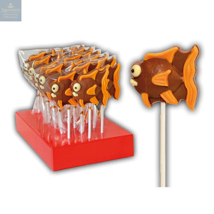 Hand decorated chocolate fish lollipops in display