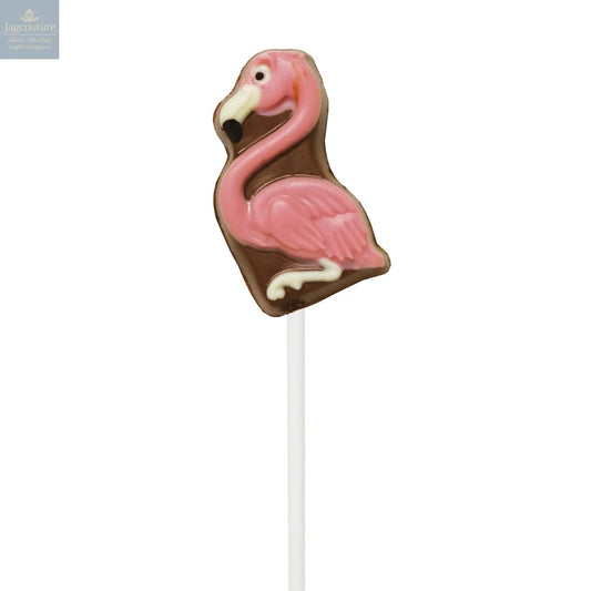 Hand decorated chocolate flamingo lollipops in display