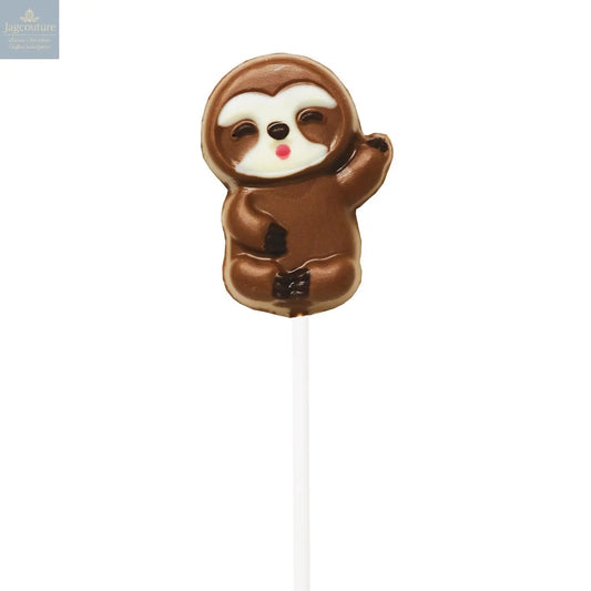 Hand decorated chocolate sloth lollipops in display
