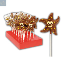 Hand decorated chocolate starfish lollipops in display