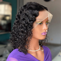 180% Density13x4 Top swiss Lace Water Wave Bob Frontal Real Human Hair Wig  Lace Front Wigs Transparent Deep Kinky