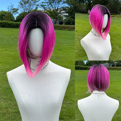 Wholesale Dark Hair Root Short pink Layered Gradient Synthetic Hair Wig Straight Hair Without Bangs Bangs Natural Appearance 539