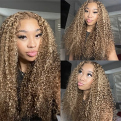 4/27 Highlight Ombre Honey Blonde Kinky Curly 13x4 HD Transparent Lace Front Wigs for Black Women Brazilian Human Hair Wig