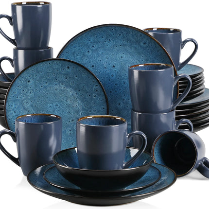 VANCASSO BUBBLE 16/32/48-Piece Tableware Set Vintage Ceramic Blue/Brown Stoneware Set with Dinner&Dessert Plate,Bowl,Coffee Cups