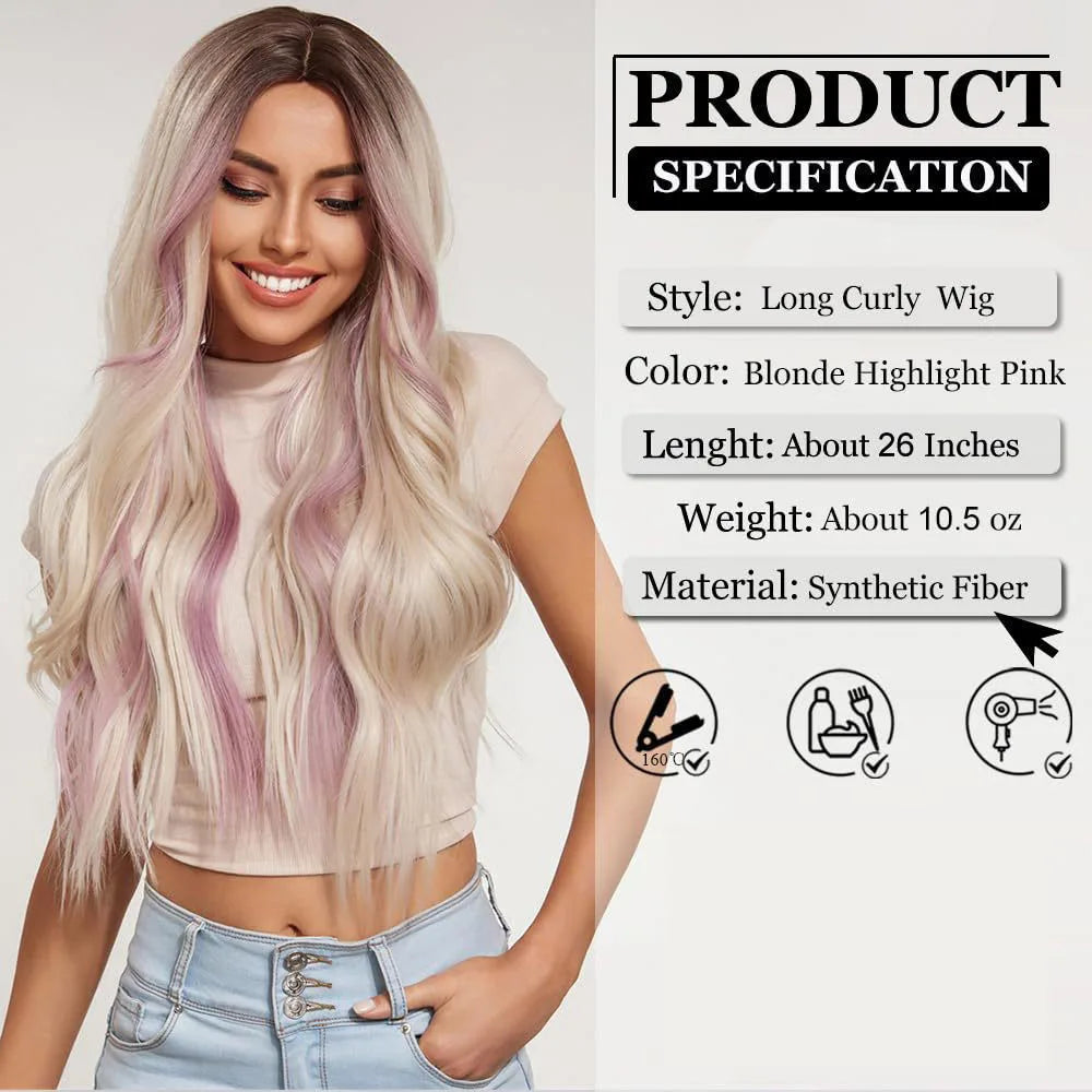 26-Inch  Straight Hair Wig Loose Wave Ombre Blonde Gradient Gold Pick Pink Long Curly  High-Temperature Fiber Styles Women
