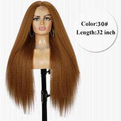 32-Inch Middle Center Part Hair Wig Yaki Kinky Straight Afro Synthetic Fiber Glueless Machine-Made Wigs Women
