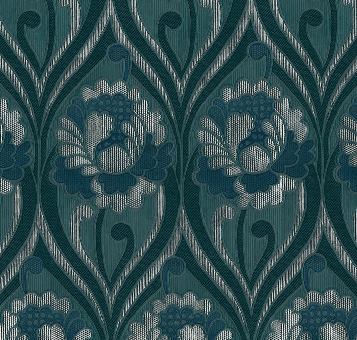 Vintage floral damask Wallpaper - Petrol