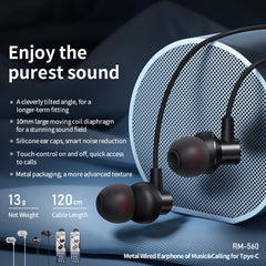 REMAX RM-560 Type-C In-Ear Stereo Metal Music Earphone with Wire Control + MIC, Support Hands-free, Not For Samsung Phones