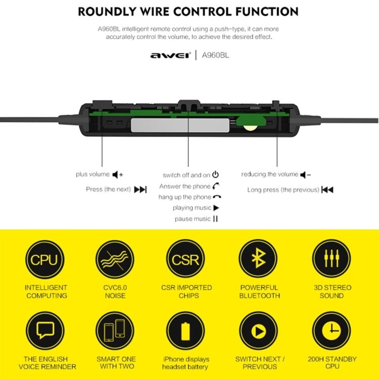 AWEI A960BL Wireless Sport Bluetooth Earphone with Wire Control, Support Handfree Call