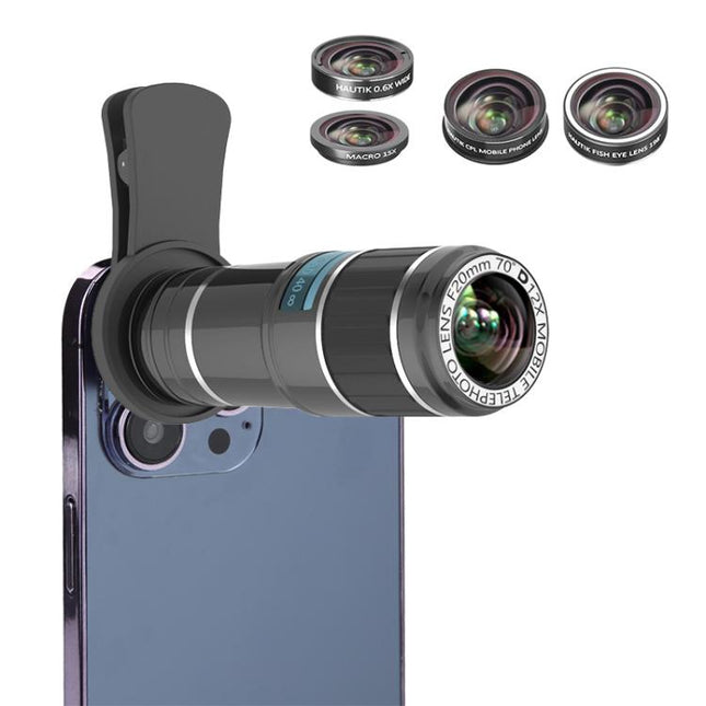HAUTIK HK-002 5 in 1 180 Degree Fisheye Lens + 0.65X Macro &  Wide Lens + 12X Telephoto Lens + Star Line Lens Kits, HK-002