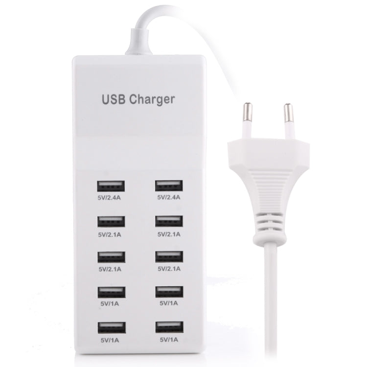 5V 2.4A / 2.1A / 1A 10-Port USB Charger Adapter, EU Plug