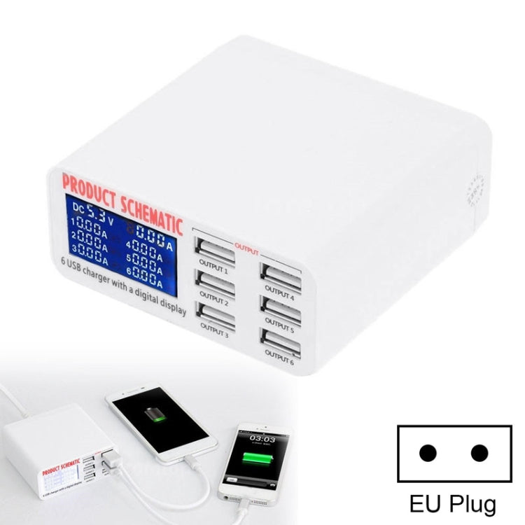 899 30W QC 3.0 6 USB Ports Fast Charger with LCD Digital Display, EU Plug, 899