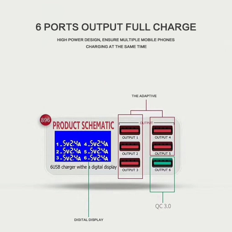 899 30W QC 3.0 6 USB Ports Fast Charger with LCD Digital Display, EU Plug, 899