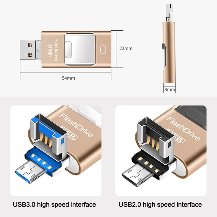 64GB USB 3.0 + 8 Pin + Mirco USB Android iPhone Computer Dual-use Metal Flash Drive, 64GB USB 3.0