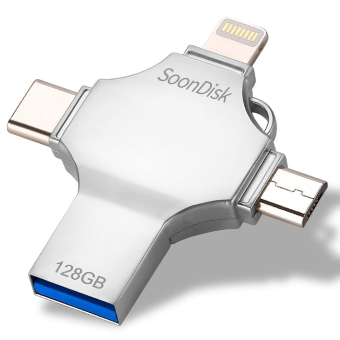 4 in 1 128GB USB 3.0 + 8 Pin + Mirco USB + USB-C / Type-C Dual-use Flash Drive with OTG Function, 128GB