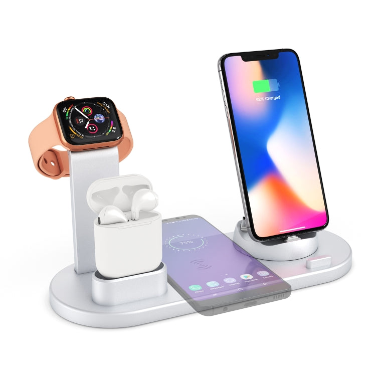 HQ-UD15 5 in 1 8 Pin + Micro USB + USB-C / Type-C Interfaces + 8 Pin Earphone Charging Interface + Wireless Charging Charger Base with Watch Stand (White)