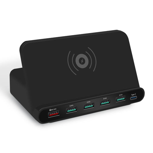 828W 7 in 1 60W QC 3.0 USB Interface + 4 USB Ports + USB-C / Type-C Interface + Wireless Charging Multi-function Charger with Mobile Phone Holder Function, AU Plug, AU Plug Black, AU Plug White