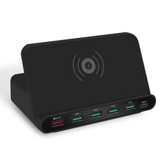 828W 7 in 1 60W QC 3.0 USB Interface + 4 USB Ports + USB-C / Type-C Interface + Wireless Charging Multi-function Charger with Mobile Phone Holder Function, AU Plug, AU Plug Black, AU Plug White