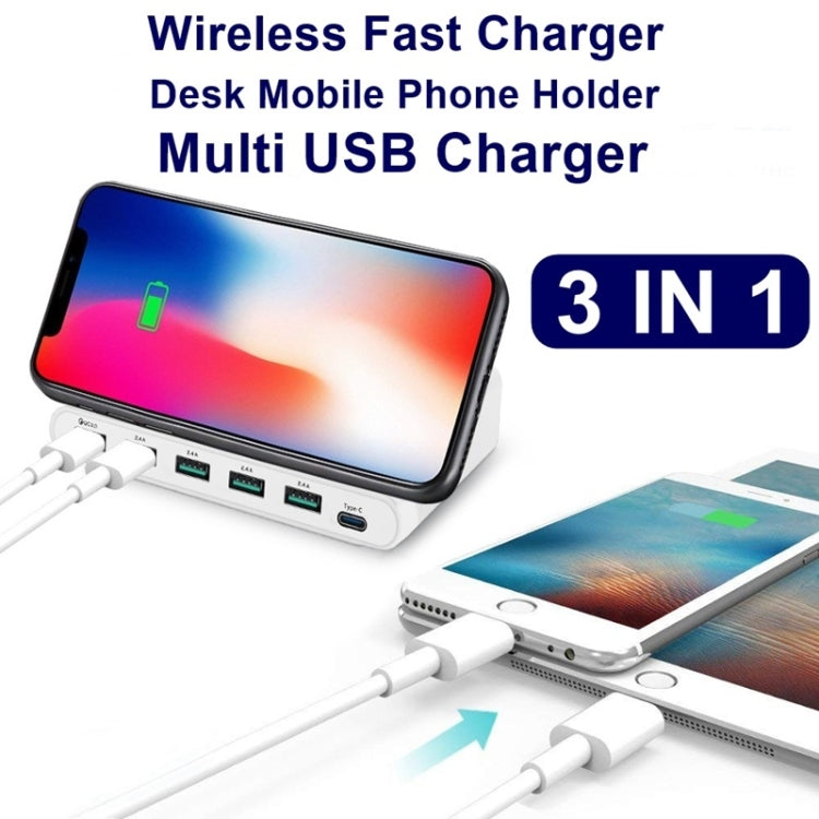 828W 7 in 1 60W QC 3.0 USB Interface + 4 USB Ports + USB-C / Type-C Interface + Wireless Charging Multi-function Charger with Mobile Phone Holder Function, AU Plug, AU Plug Black, AU Plug White