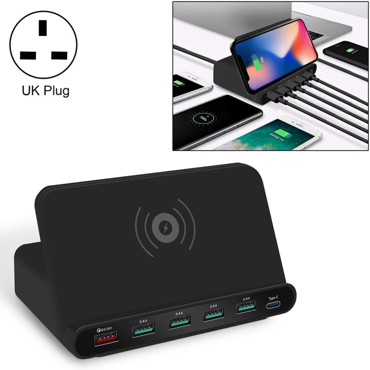 828W 7 in 1 60W QC 3.0 USB Interface + 4 USB Ports + USB-C / Type-C Interface + Wireless Charging Multi-function Charger with Mobile Phone Holder Function, UK Plug, UK Plug Black, UK Plug White