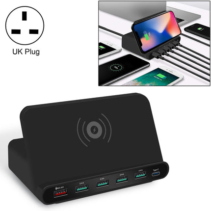 828W 7 in 1 60W QC 3.0 USB Interface + 4 USB Ports + USB-C / Type-C Interface + Wireless Charging Multi-function Charger with Mobile Phone Holder Function, UK Plug, UK Plug Black, UK Plug White