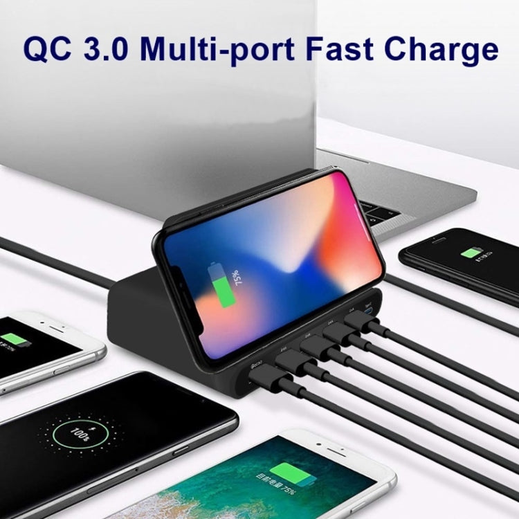 828W 7 in 1 60W QC 3.0 USB Interface + 4 USB Ports + USB-C / Type-C Interface + Wireless Charging Multi-function Charger with Mobile Phone Holder Function, UK Plug, UK Plug Black, UK Plug White