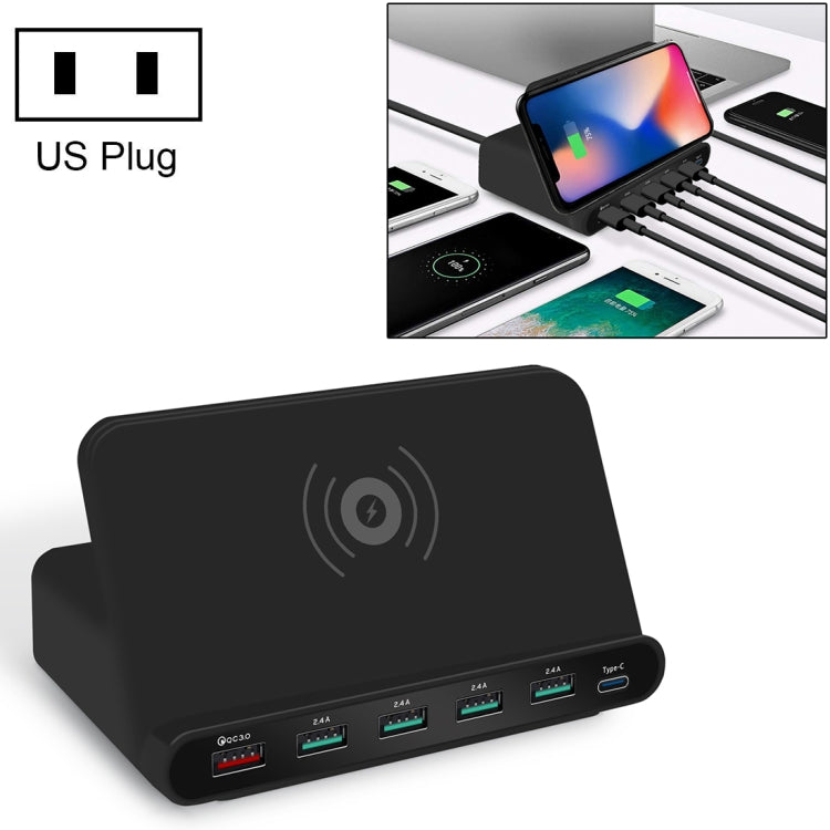 828W 7 in 1 60W QC 3.0 USB Interface + 4 USB Ports + USB-C / Type-C Interface + Wireless Charging Multi-function Charger with Mobile Phone Holder Function, US Plug, US Plug Black, US Plug White