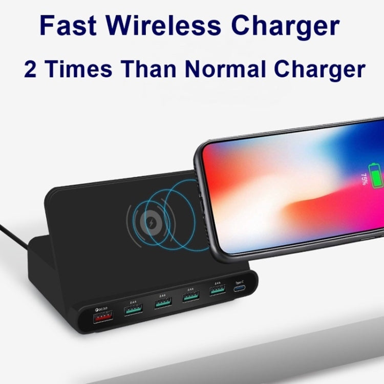 828W 7 in 1 60W QC 3.0 USB Interface + 4 USB Ports + USB-C / Type-C Interface + Wireless Charging Multi-function Charger with Mobile Phone Holder Function, US Plug, US Plug Black, US Plug White