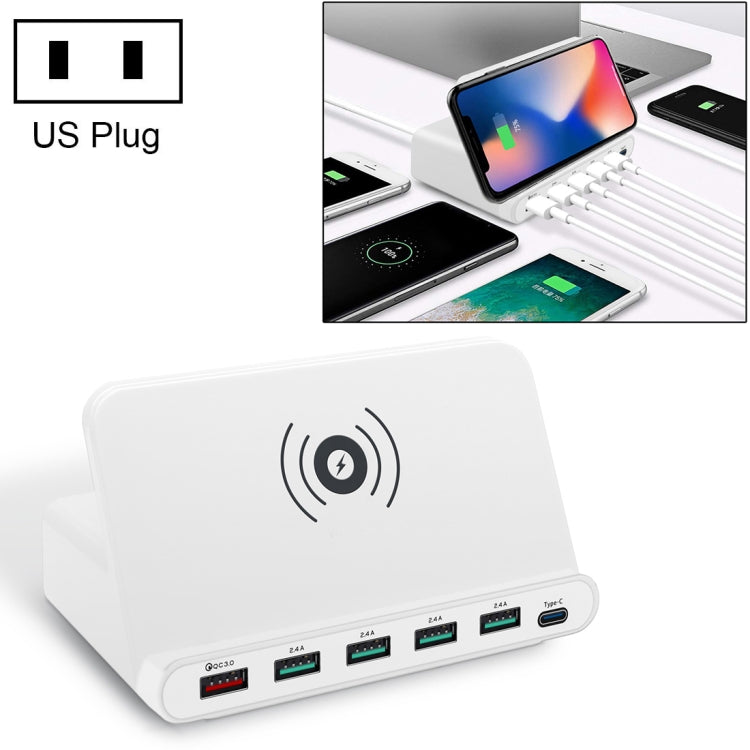 828W 7 in 1 60W QC 3.0 USB Interface + 4 USB Ports + USB-C / Type-C Interface + Wireless Charging Multi-function Charger with Mobile Phone Holder Function, US Plug, US Plug Black, US Plug White