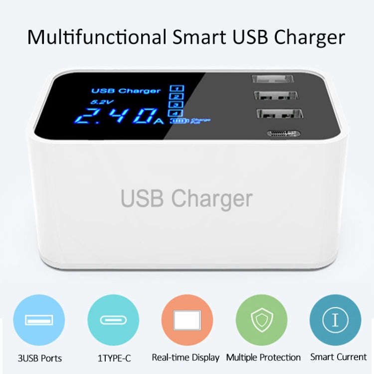 CDA30 20W 3 USB Ports + USB-C / Type-C Ports Multi-function Charger with LED Display, UK Plug, UK Plug