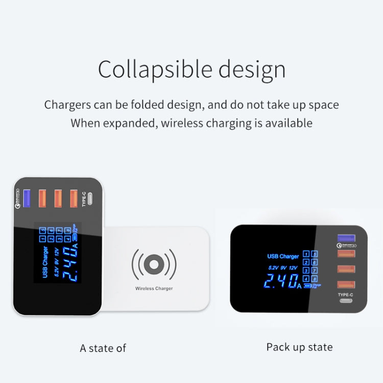 CDA33QW 40W QC 3.0 USB Ports + 3 USB Ports + USB-C / Type-C Ports + Wireless Charging Multi-function Foldable Charger with LED Display, EU Plug, EU Plug