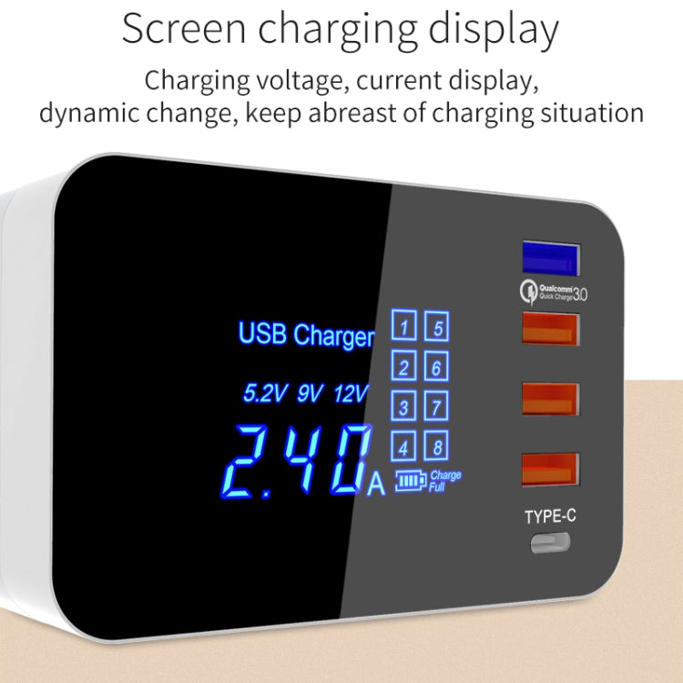 CDA33QW 40W QC 3.0 USB Ports + 3 USB Ports + USB-C / Type-C Ports + Wireless Charging Multi-function Foldable Charger with LED Display, US Plug, US Plug