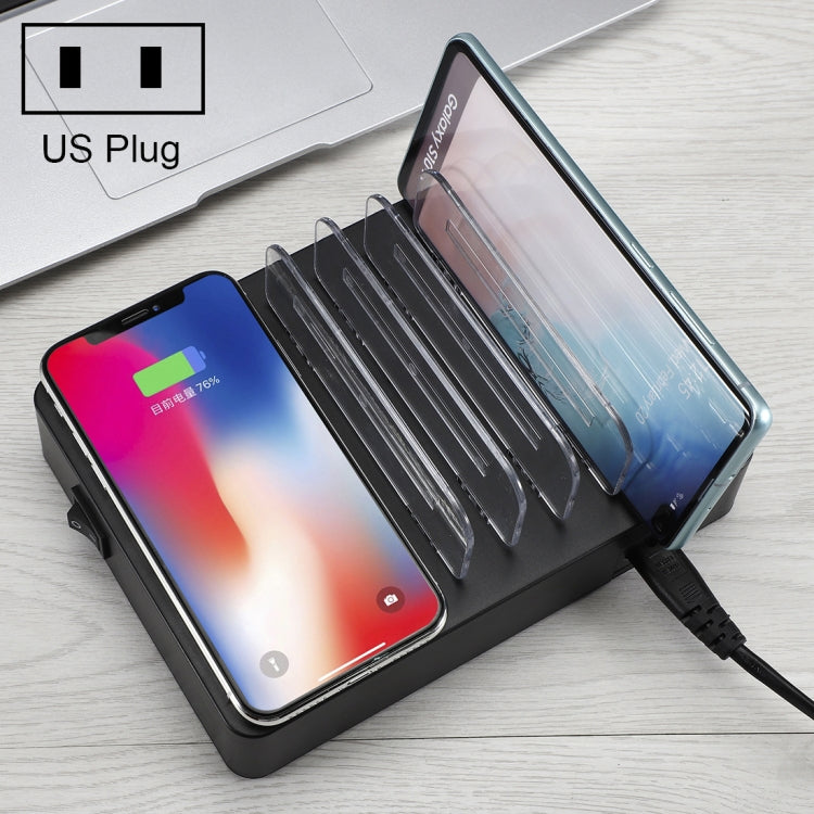 50W 6 USB Ports + 2 USB-C / Type-C Ports + Wireless Charging Multi-function Charger with LED Display & Detachable Bezel, US Plug, US Plug