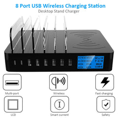 50W 6 USB Ports + 2 USB-C / Type-C Ports + Wireless Charging Multi-function Charger with LED Display & Detachable Bezel, AU Plug, AU Plug