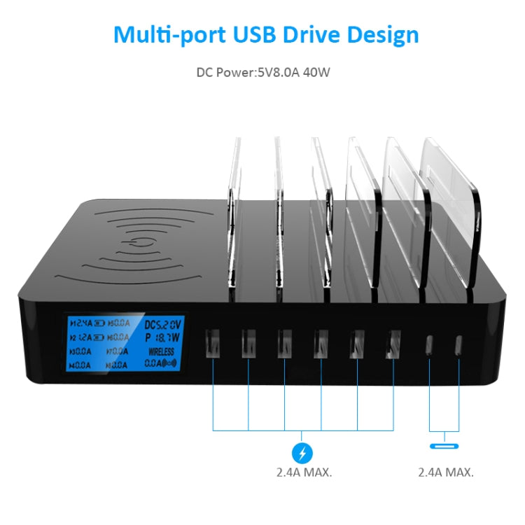 50W 6 USB Ports + 2 USB-C / Type-C Ports + Wireless Charging Multi-function Charger with LED Display & Detachable Bezel, UK Plug, UK Plug