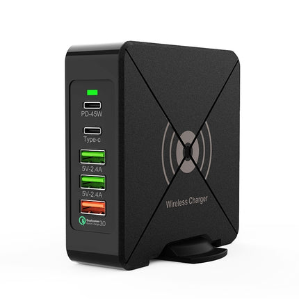 F88W 3 x USB + 2 x USB-C / Type-C Ports QC3.0 Desktop Charger with Wireless Charging Function, F88W