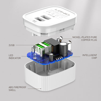 LDNIO A201 2.4A Dual USB Charging Head Travel Direct Charge Mobile Phone Adapter Charger With Micro USB Data Cable, Micro USB