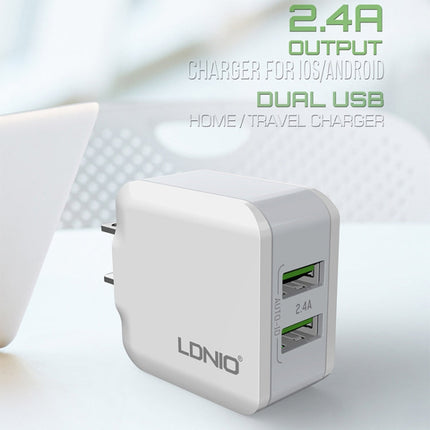 LDNIO A2201 2.4A Dual USB Charging Head Travel Direct Charge Mobile Phone Adapter Charger With Type-C Data Cable, Type-C