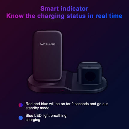 OJD-45 3 in 1 QI 10W Mobile Phone + Watch + 8 Pin Earphone Charging Port Multi-function Wireless Charger for Mobile Phones & Watches & AirPods 2, OJD-45