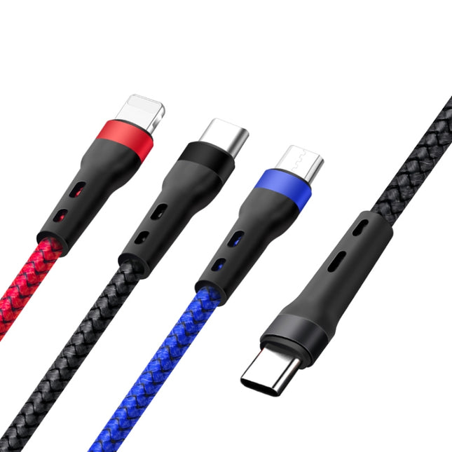 100W 6A Type-C to 8 Pin+Type-C+Micro USB Charging Data Cable, 1.3m