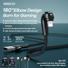 REMAX RC-177i Heymanba II 2.1A USB to 8 Pin 180 Degrees Elbow Zinc Alloy Braided Gaming Data Cable, Cable Length: 1m, RC-177i