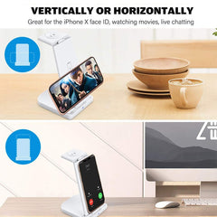 10W 3 in 1 QC 3.0  Vertical Multi-function Wireless Charger with Stand Function, Suitable for Mobile Phones / Apple Watch / AirPods