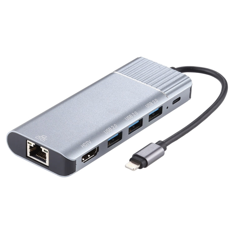 6 in 1 USB 2.0 x 3 + HDMI + RJ45 + 8 Pin Female Charging Port to 8 Pin Male Multi-function Dock Station Adapter, 79591